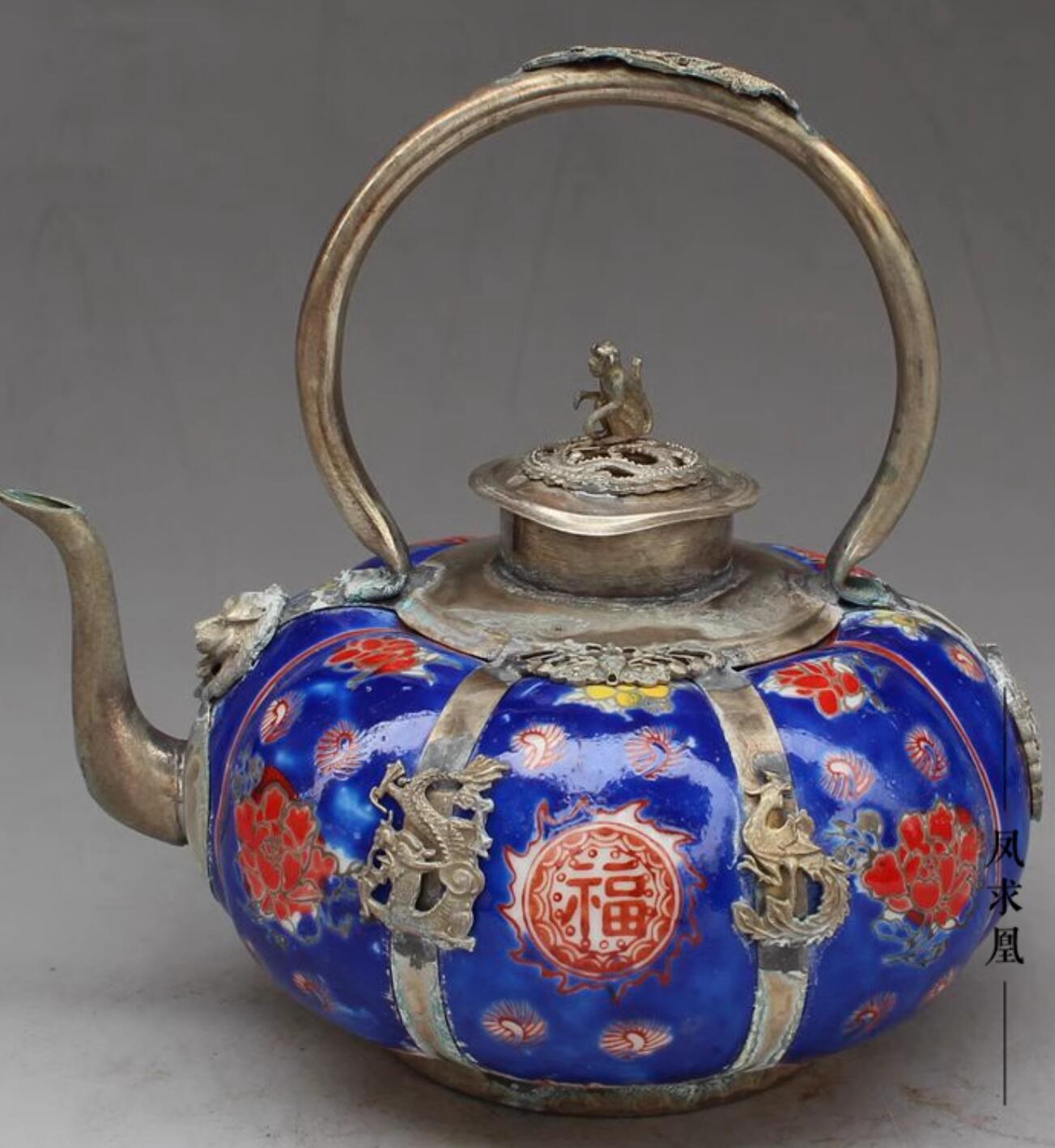 Chinese Traditional Enamel Craft Blue Cloisonne Teapot Dragon and Phoenix Bringing Prosperity