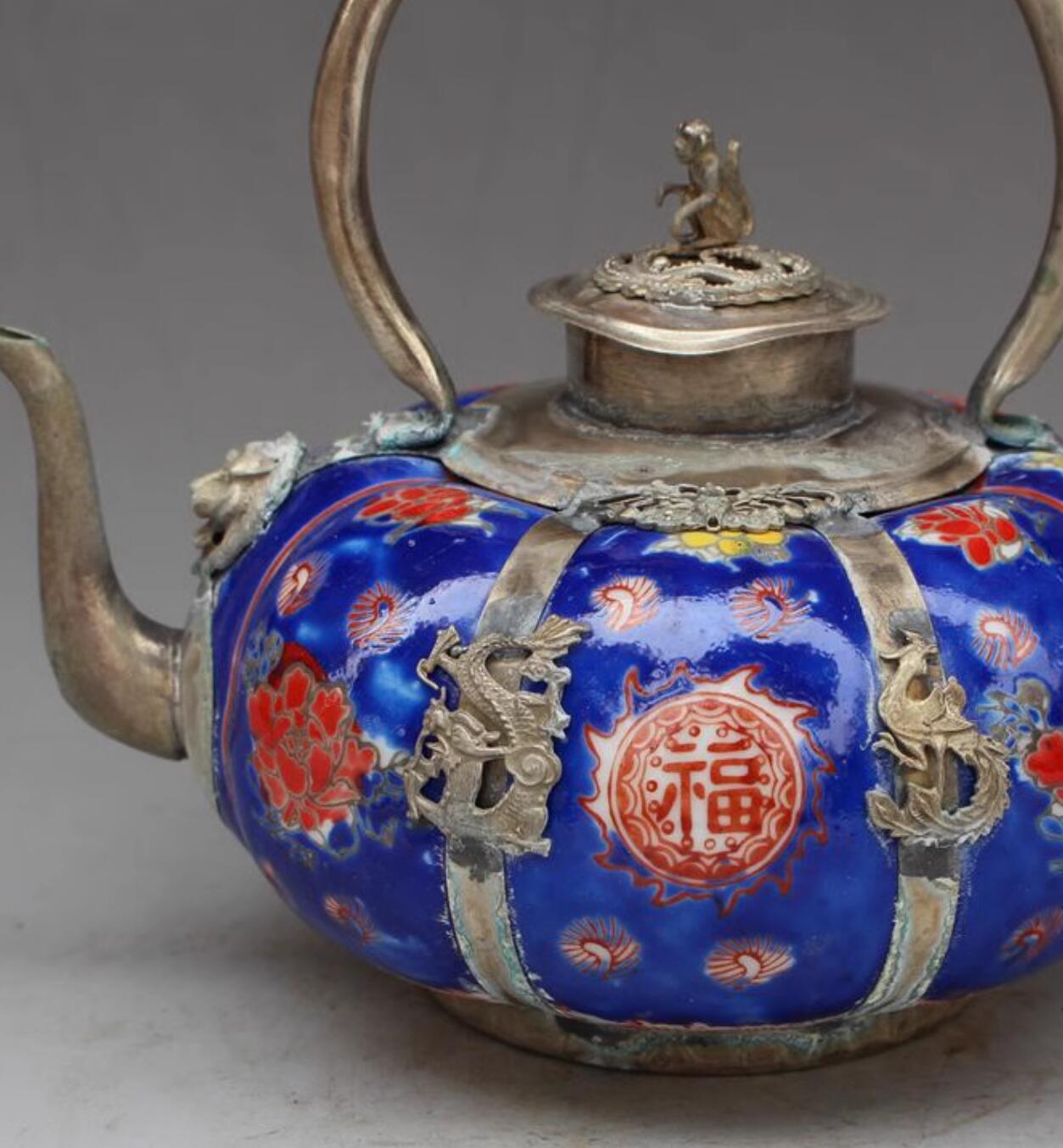 Chinese Traditional Enamel Craft Blue Cloisonne Teapot Dragon and Phoenix Bringing Prosperity