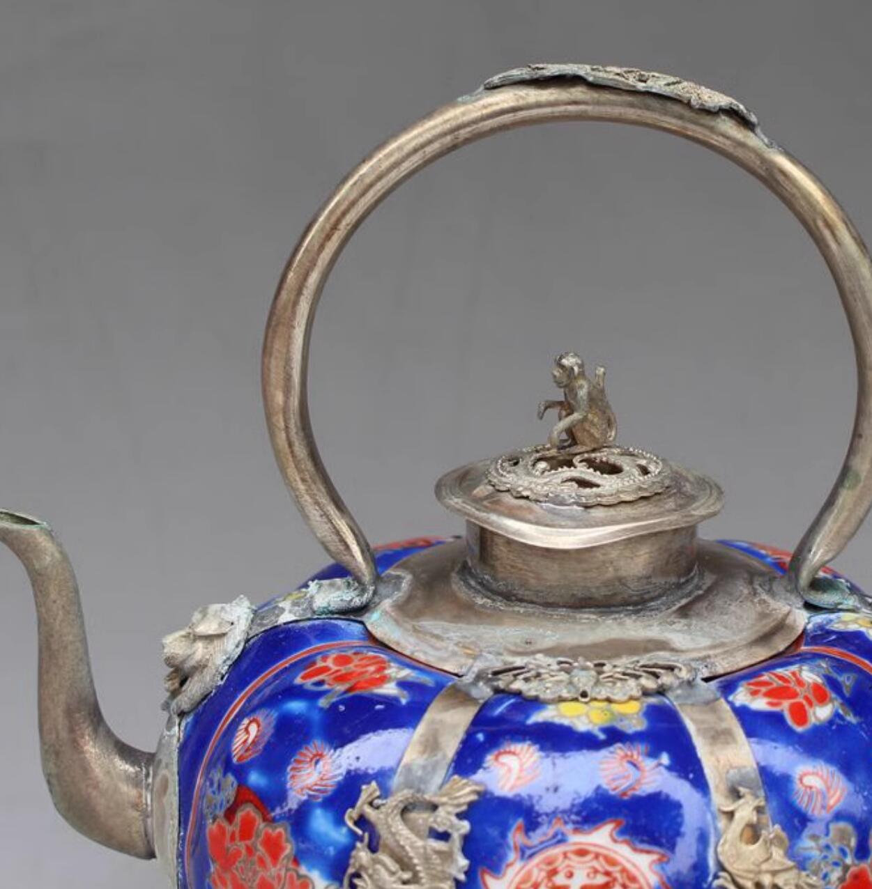 Chinese Traditional Enamel Craft Blue Cloisonne Teapot Dragon and Phoenix Bringing Prosperity