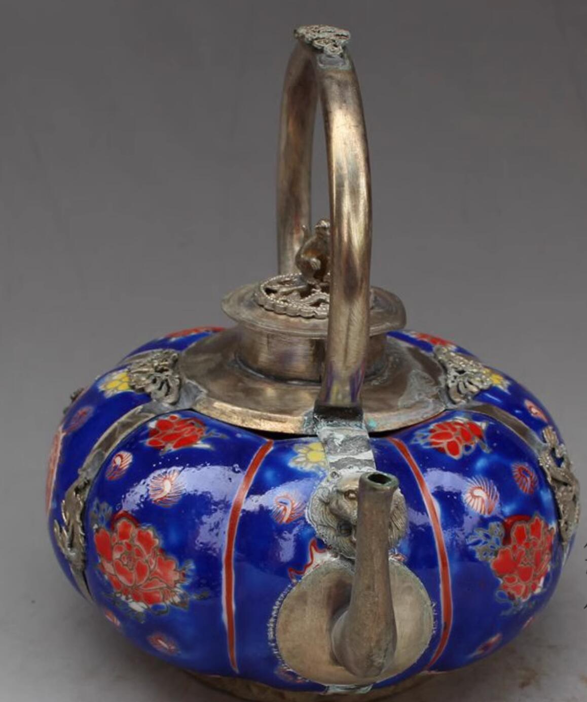 Chinese Traditional Enamel Craft Blue Cloisonne Teapot Dragon and Phoenix Bringing Prosperity