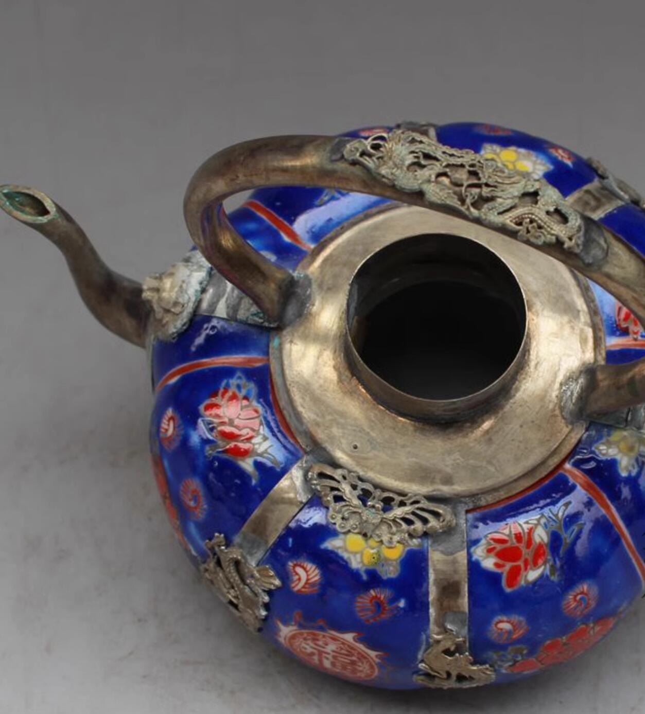 Chinese Traditional Enamel Craft Blue Cloisonne Teapot Dragon and Phoenix Bringing Prosperity