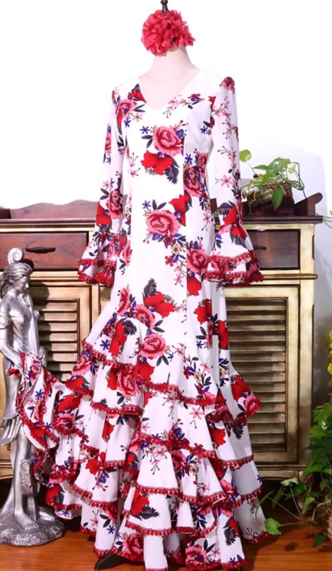 Professional Flamenco Performance Costume Spanish Dance Rose Dress