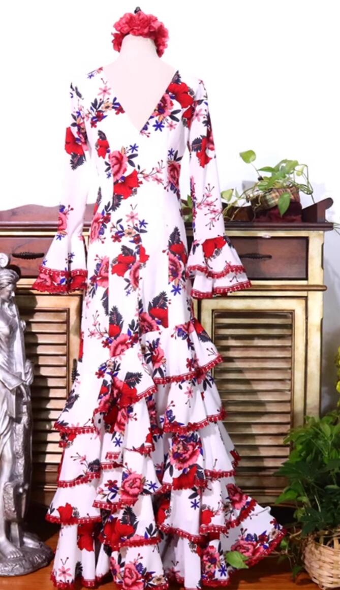 Professional Flamenco Performance Costume Spanish Dance Rose Dress