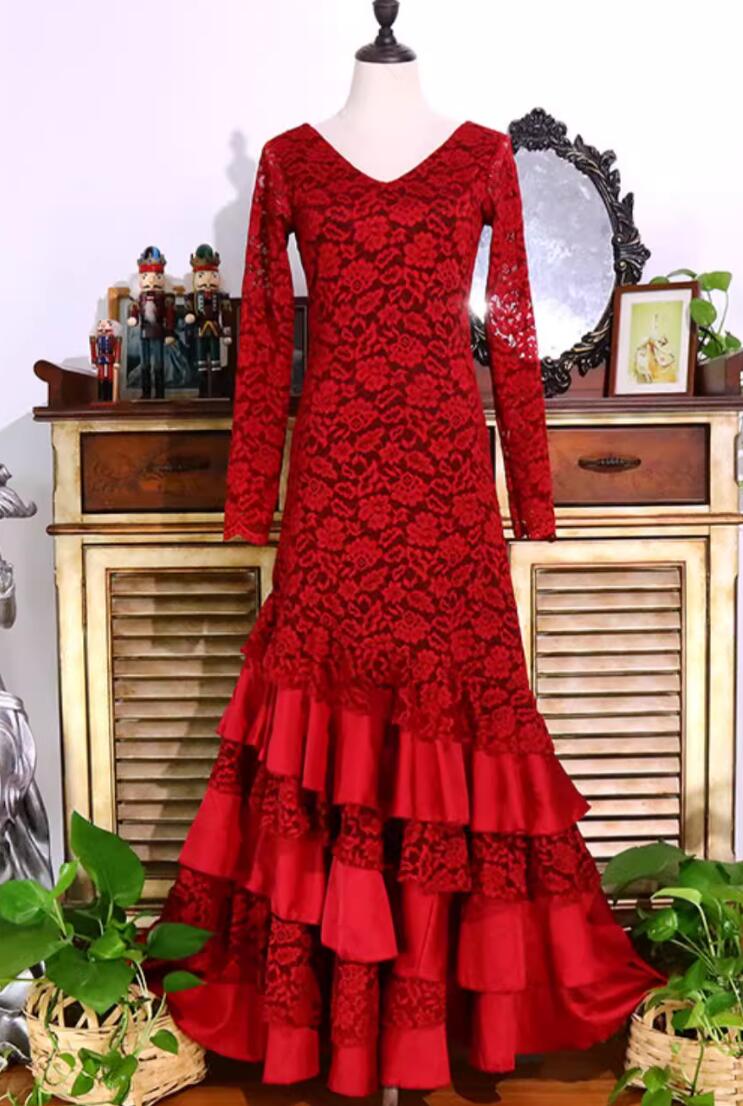 Flamenco Six Layer Dance Dress Spain Dance Performance Costume Red Lace Attire