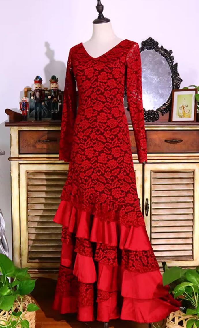 Flamenco Six Layer Dance Dress Spain Dance Performance Costume Red Lace Attire