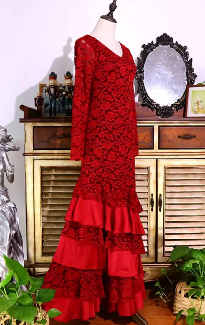 Flamenco Six Layer Dance Dress Spain Dance Performance Costume Red Lace Attire