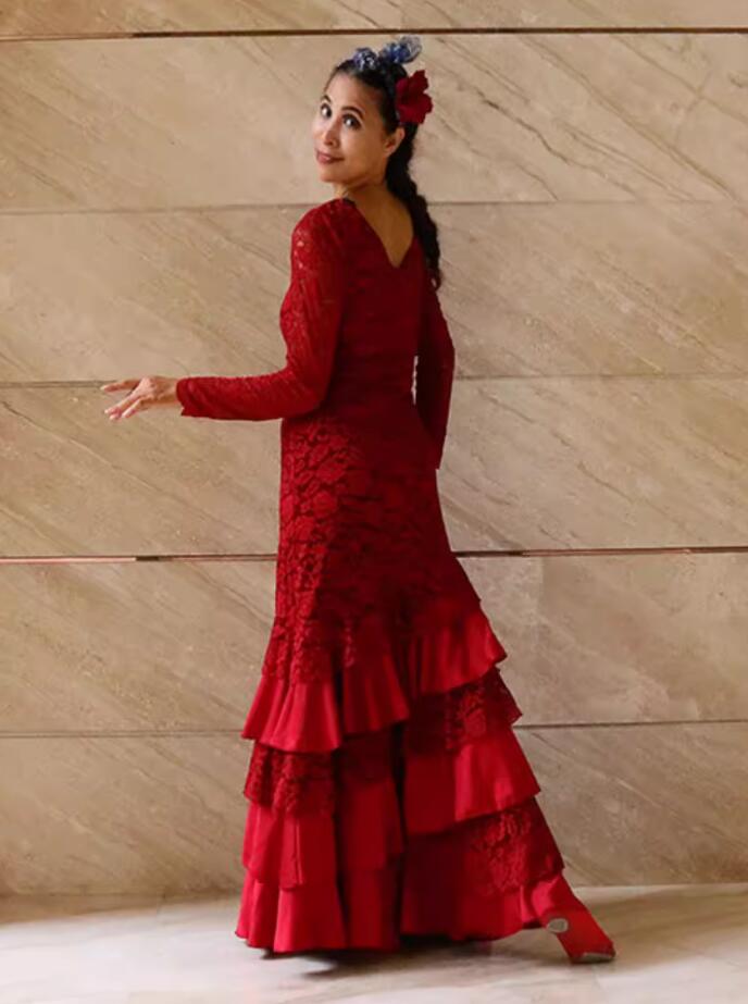 Flamenco Six Layer Dance Dress Spain Dance Performance Costume Red Lace Attire