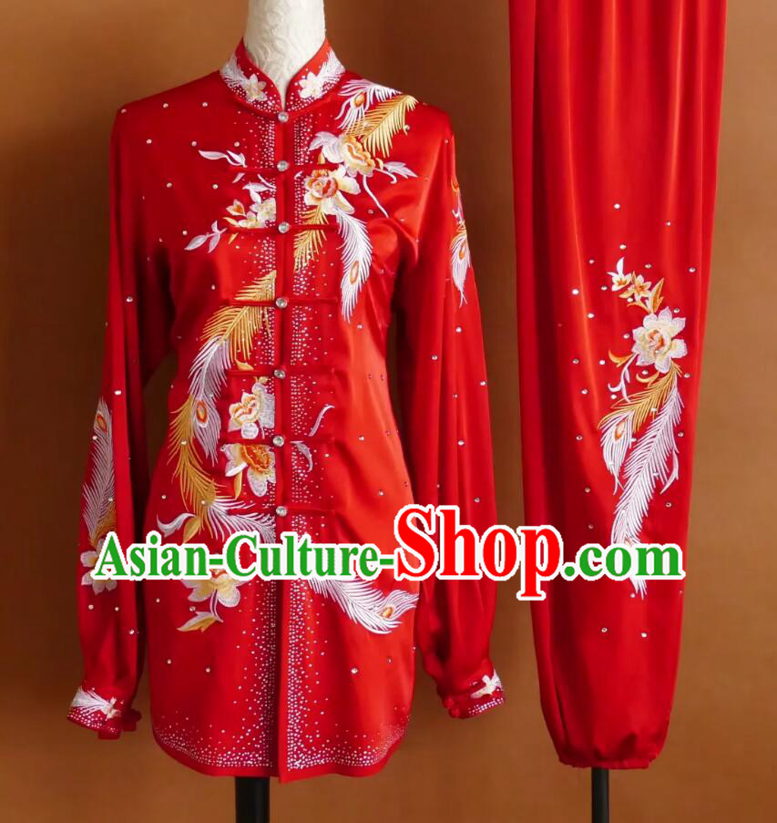 Rhinestone Red Tai Chi Suit Chinese Kung Fu Competition Clothing Embroidered Martial Arts Outfit