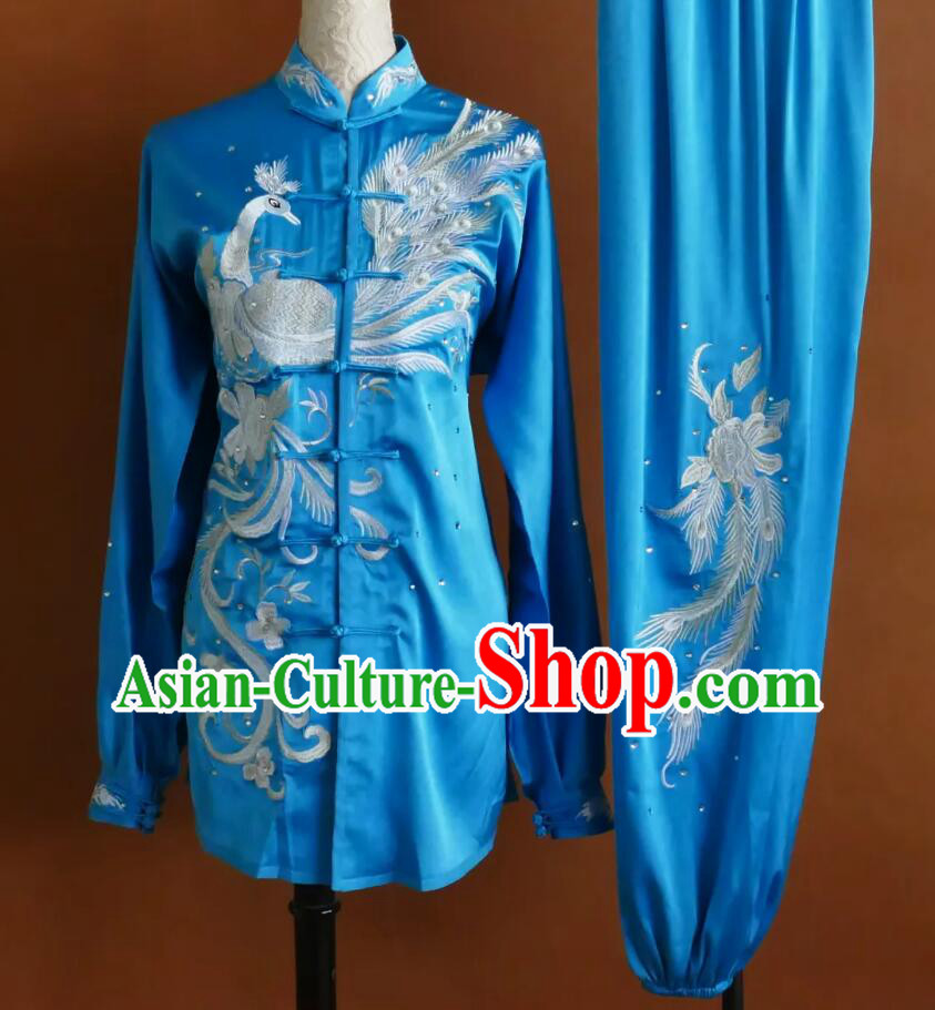 Blue Tai Chi Performance Suit Chinese Kung Fu Competition Clothing Embroidered Peacock Taijiquan Outfit