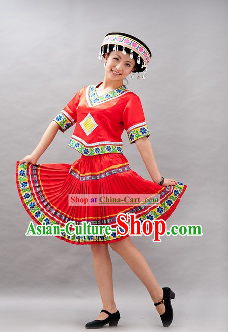 Chinese Miao Minority Stage Performance Dance Costume and Hat for Women