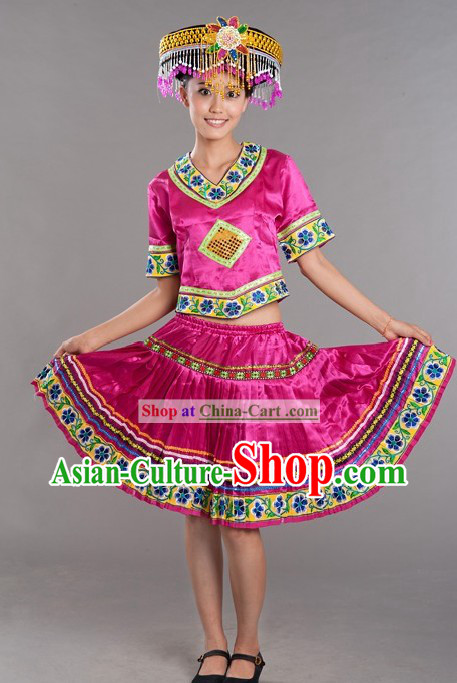 Chinese Miao Ethnic Stage Performance Dance Costumes and Hat for Women