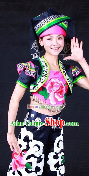 Chinese Zhuang Ethnic Stage Performance Dance Costumes and Hat for Women