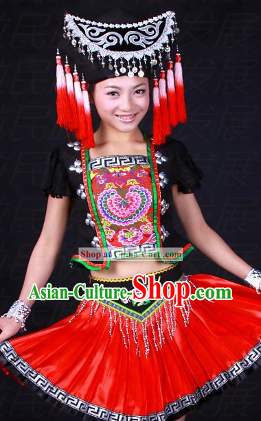 Chinese Zhuang Ethnic Dance Costumes and Hat for Women