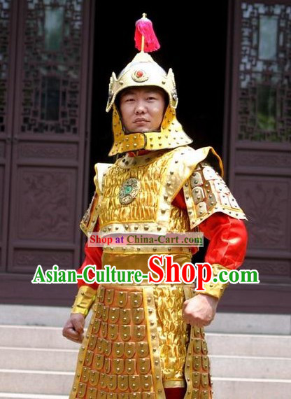 Ancient Chinese Golden Armor Costumes and Helmet for Men