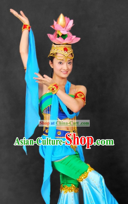 Lian Hua Wu Ancient Chinese Palace Lotus Dance Costumes and Hair Accessories for Women