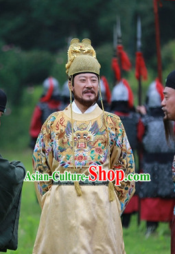 Ming Dynasty Emperor Dragon Robe Costumes Dresses Clothing Clothes Garment Outfits Suits Complete Set for Men