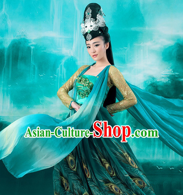 Chinese Ancient Peacock Princess Garment and Hair Accessories Complete Set for Women