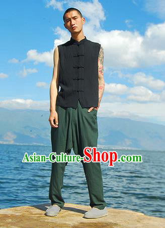 Traditional Chinese Linen Tang Suit Men Plate Buttons Vest, Chinese Ancient Costumes Linen Vests for Men
