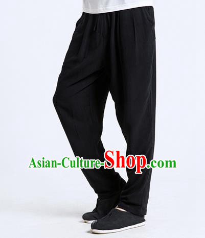 Traditional Chinese Linen Tang Suit Men Trousers, Chinese Ancient Costumes Cotton Pants, Silk Cotton Feet Ruffle Pants for Men