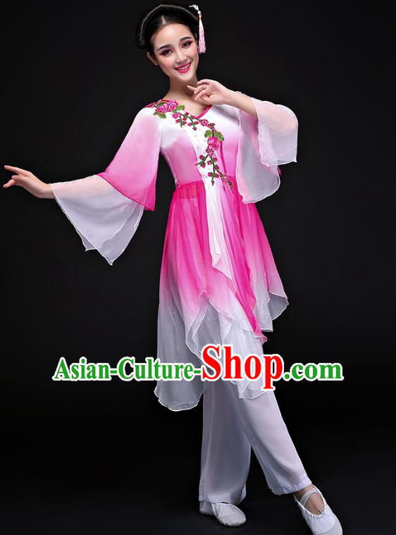Traditional Chinese Classical Yangge Fan Dance Pink Costume, China Yangko Folk Dance Clothing for Women