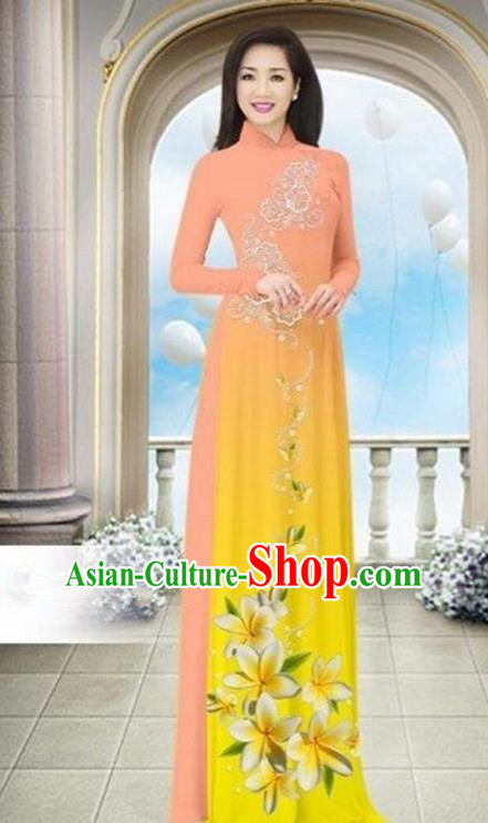 Top Grade Asian Vietnamese Traditional Dress, Vietnam Bride Ao Dai Dress Wedding Yellow Printing Cheongsam Clothing for Women