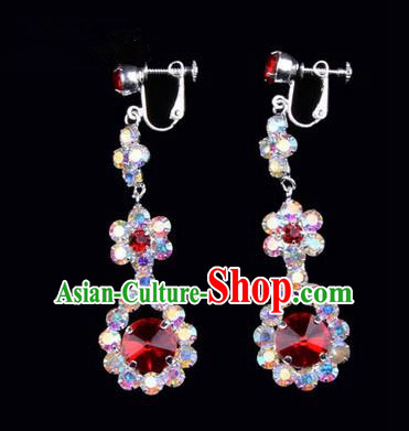 Chinese Ancient Peking Opera Head Accessories Young Lady Diva Colorful Crystal Red Water Drop Earrings, Traditional Chinese Beijing Opera Hua Tan Eardrop Ear Pendants