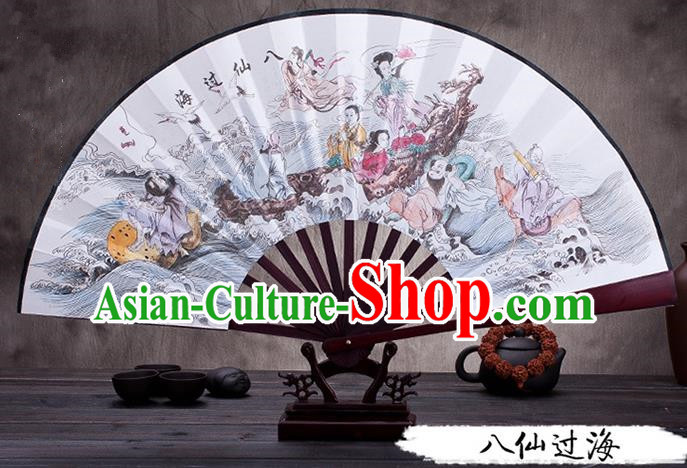 Traditional Chinese Ancient Peking Opera Accessories Scholar Ink Painting Eight Immortals Crossing the Sea Fan, Traditional Chinese Beijing Opera Young Men Props Folding Fans