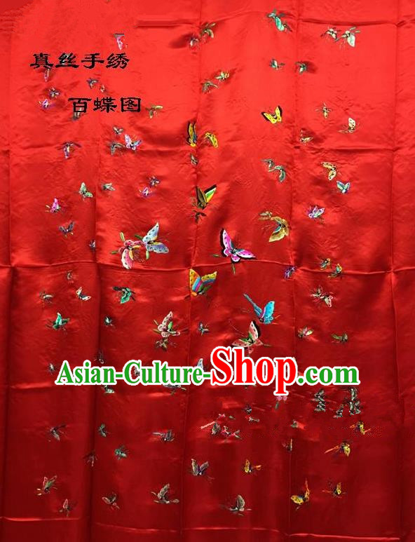 Traditional Asian Chinese Handmade Embroidery Hundred Butterfly Quilt Cover Silk Tapestry Red Fabric Drapery, Top Grade Nanjing Brocade Bed Sheet Cloth Material