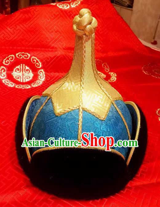 Traditional Handmade Chinese Mongol Nationality Dance Royal Highness Headwear Blue Hat, China Mongols Mongolian Minority Nationality Bridegroom Headpiece for Men