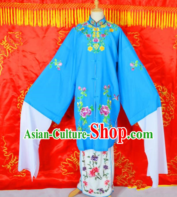 Traditional Chinese Professional Peking Opera Young Lady Costume Embroidered Mentle, China Beijing Opera Imperial Concubine Blue Ceremonial Robe Clothing