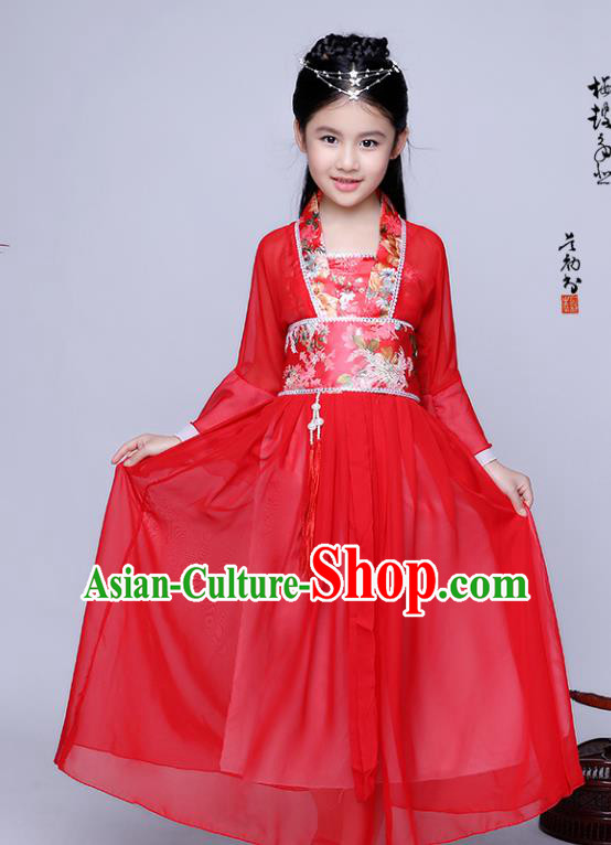 Traditional Chinese Tang Dynasty Seven Fairy Costume Ancient Princess Red Dress Clothing for Kids