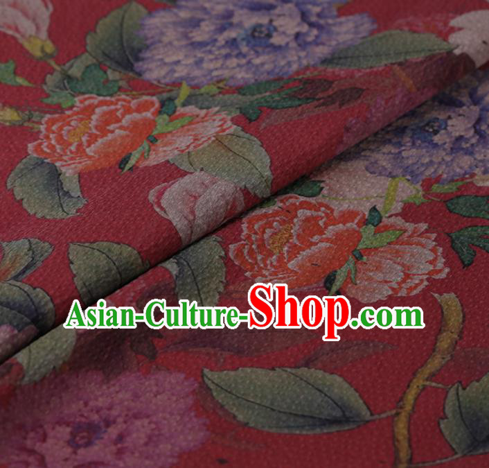 Chinese Classical Silk Fabric Traditional Peony Pattern Red Satin Plain Cheongsam Drapery Gambiered Guangdong Gauze