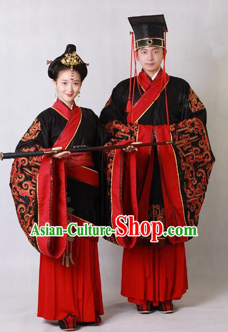 Ancient Chinese Zhou Dynasty Imperial Emperor and Empress Embroidered Wedding Costumes Complete Set