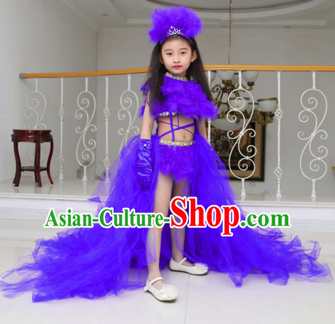Children Models Show Compere Costume Girls Princess Purple Veil Mullet Dress Stage Performance Clothing for Kids