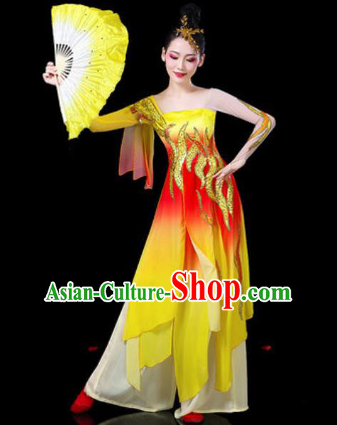 Chinese Classical Dance Costumes Traditional Umbrella Dance Group Dance Yellow Dress for Women