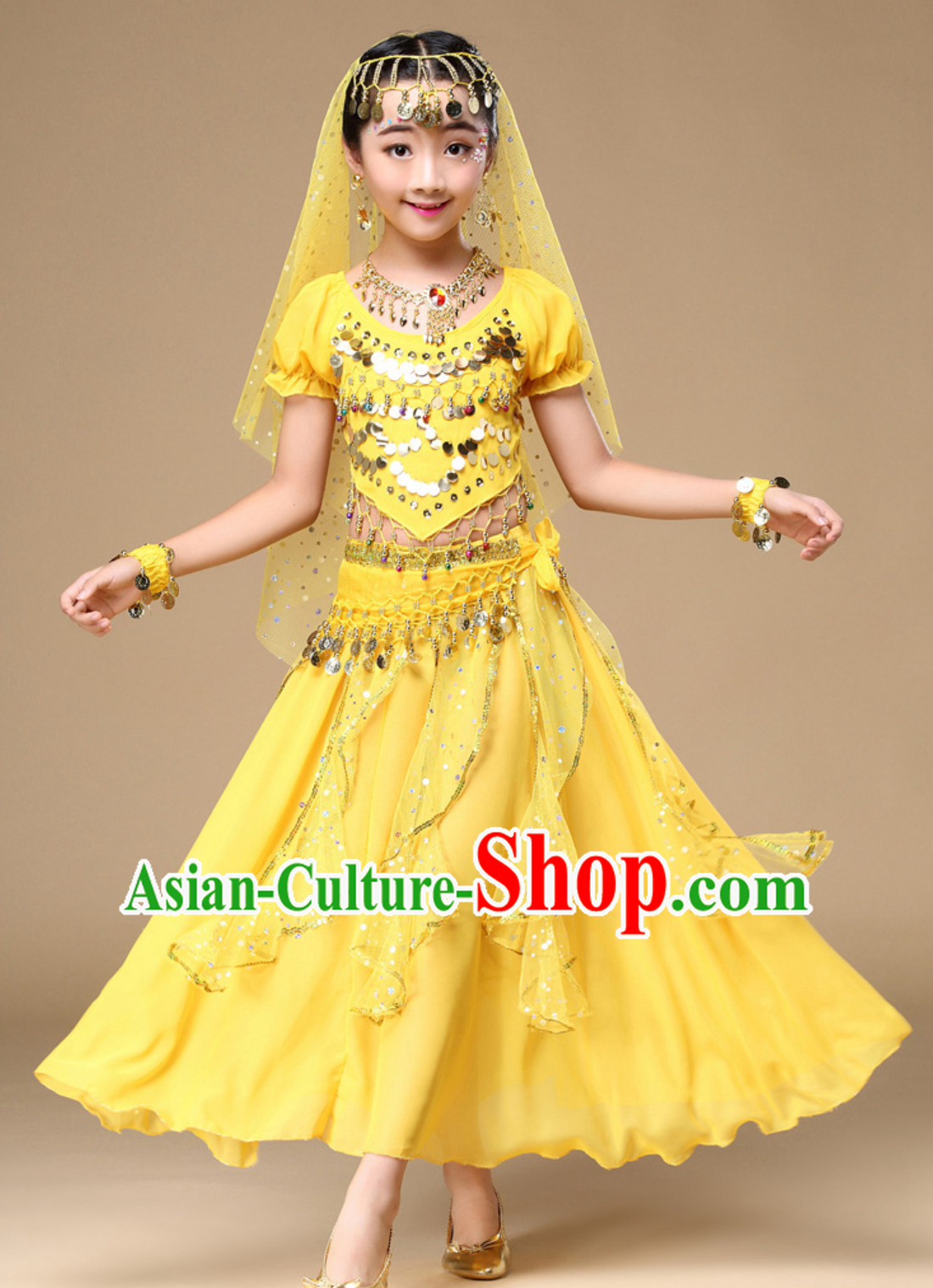 Red Indian Traditional Belly Dancing Dress Asian India Oriental Dance Costume for Kids