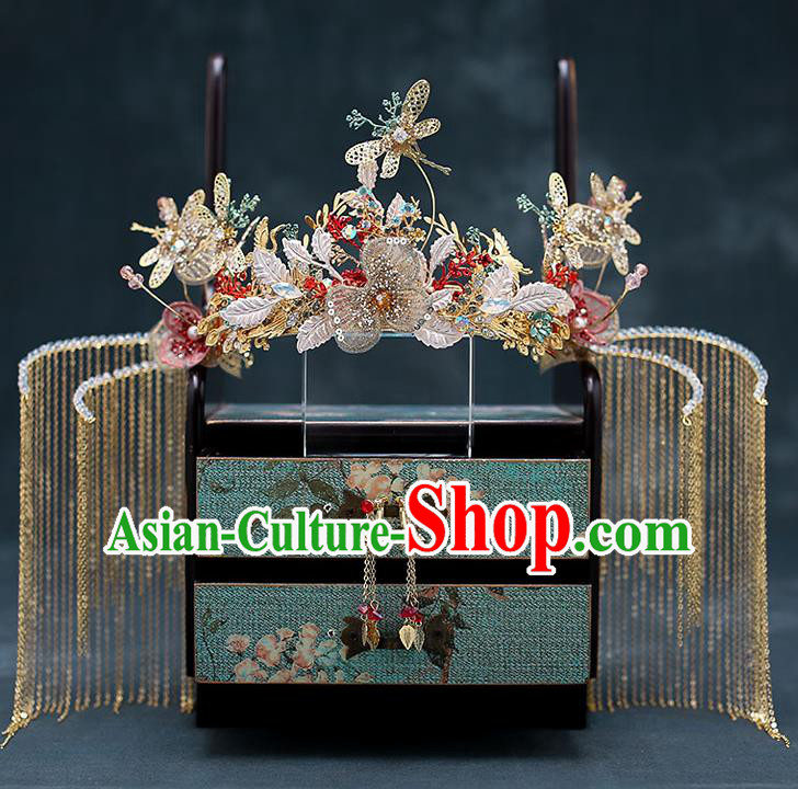 Top Chinese Traditional Bride Tassel Hair Crown Handmade Hairpins Wedding Hair Accessories Complete Set