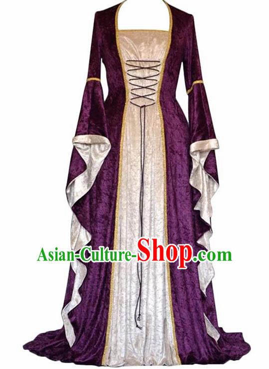 Traditional Europe Middle Ages Countess Purple Velvet Dress Halloween Cosplay Stage Performance Costume for Women