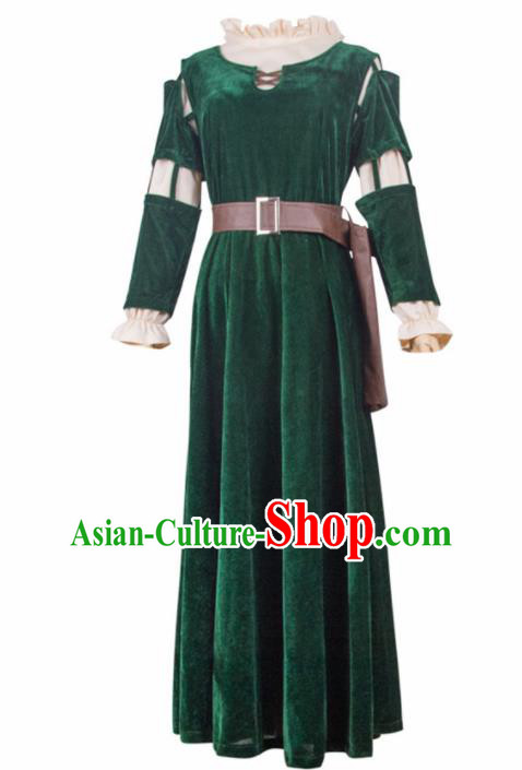 Traditional Europe Middle Ages Green Velvet Dress Halloween Cosplay Stage Performance Costume for Women
