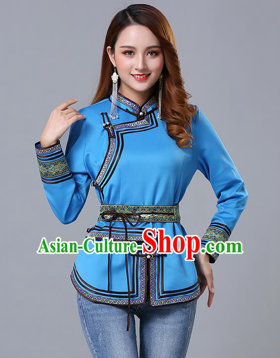 Chinese Traditional Blue Satin Blouse Mongol Ethnic Nationality Costume ...