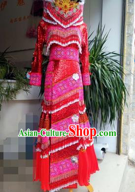 Traditional China Miao Minority Women Red Dress Hmong Bride Costumes Yunnan Mengzi Ethnic Clothing and Hat
