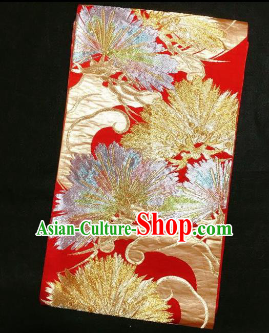 Japanese Traditional Embroidered Pine Needle Red Brocade Waistband Japan Kimono Yukata Belt for Women