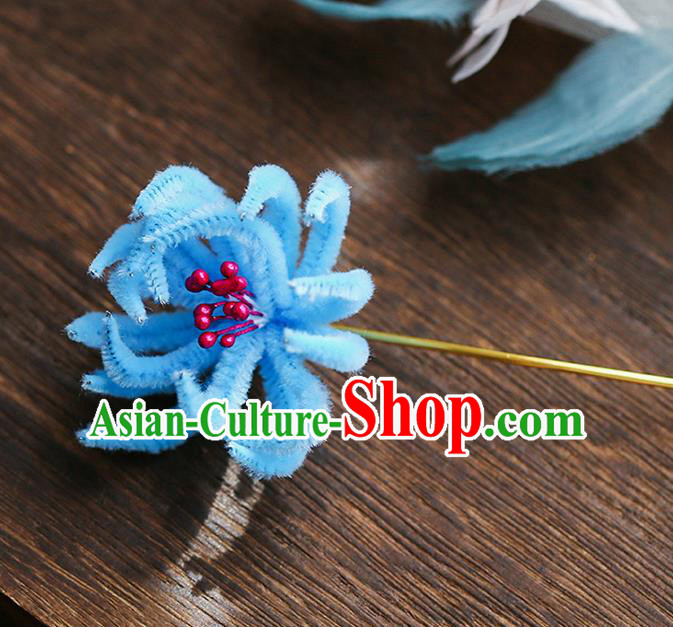 Chinese Traditional Hanfu Blue Velvet Chrysanthemum Hairpins Ancient Qing Dynasty Hair Accessories for Women