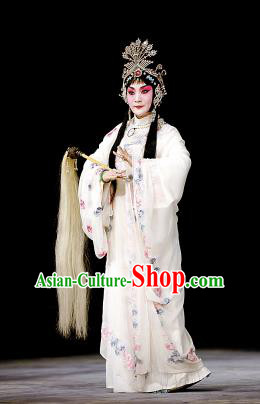 Chinese Beijing Opera Hua Tan Apparels Costumes and Headpieces Tai Zhen Wai Zhuan Traditional Peking Opera Taoist Nun White Dress Garment