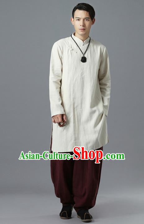 Chinese National White Flax Coat Traditional Tang Suit Outer Garment Overcoat Costume for Men