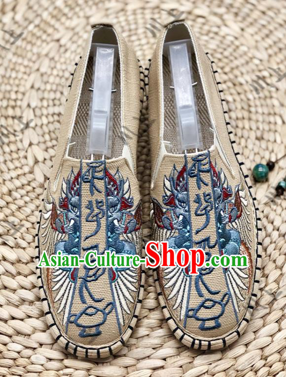 Chinese Traditional National Embroidery Khaki Cloth Shoes Martial Arts Shoes Men Shoes Handmade Shoes Embroidered Shoes