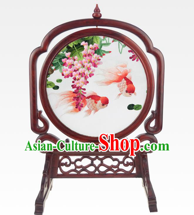 China Embroidered Wisteria Desk Screen Handmade Table Ornament Traditional Rosewood Craft