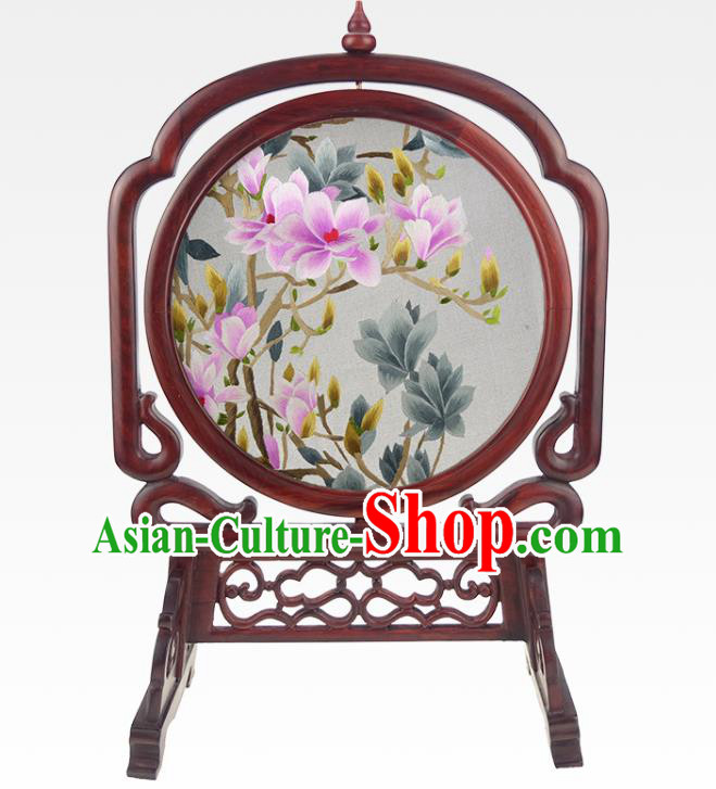 China Handmade Table Ornament Traditional Rosewood Desk Screen Embroidered Mangnolia Craft