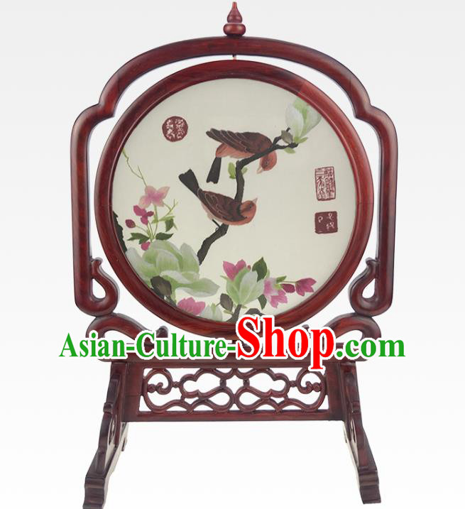 China Traditional Rosewood Desk Screen Embroidered Mangnolia Craft Handmade Table Ornament