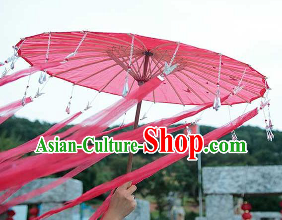 China Handmade Red Silk Umbrella Traditional Ribbon Tassel Umbrella